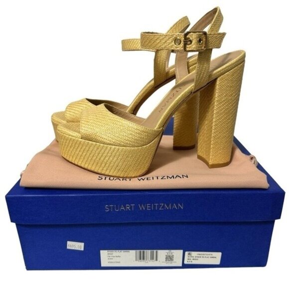 Stuart Weitzman Ryder 95 Platform Sandal Wheat Tan Textured Rafia Size 8.5 New - Picture 1 of 15